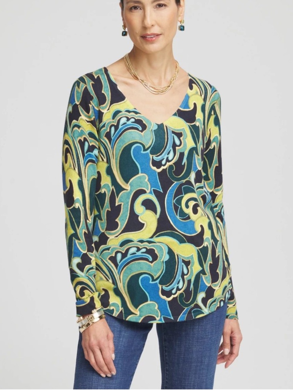 Chico's Scroll Print V-Neck Sweater‎ Size 0
